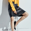 Fashion Knee-length Midi Black A-line PU Leather Skirt